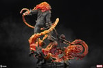 Back view of the complete Ghost Rider figure, not illuminated, showing him standing on his Hell Cycle, swinging his chain whip, with his skull ablaze. Collector Edition (Prototype Shown) View 11