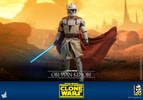 Full-body shot of Obi-Wan Kenobi in white armor, brown cape, and Clone Trooper helmet, holding his lightsaber in a desert galaxy setting. (Prototype Shown) View 6