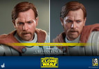 Two upper-body portraits of Obi-Wan Kenobi in white armor and a brown cape, showcasing his serious expression and the rolling eyeball function for enhanced realism. (Prototype Shown) View 22