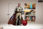 Full-body shot of Obi-Wan Kenobi compared to an apple for scale, accompanied by smaller portraits highlighting the box contents. (Prototype Shown) View 2
