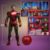Full-body shot of Iron Man Mark VI (2.0) unmasked, compared to an apple to highlight his scale, with smaller portraits showcasing the contents of the box. (Prototype Shown) View 2