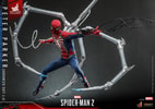 Wide shot of Peter Parker in Advanced Suit 2.0, in the air, in a wide stance with four silver-colored Spider-Man pincers extending from his back. (Prototype Shown) View 5