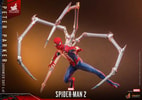 Wide shot of Peter Parker in Advanced Suit 2.0, in the air, in a wide stance with four silver-colored Spider-Man pincers extending from his back. (Prototype Shown) View 9