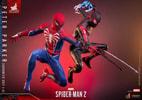 Right angle view of Peter Parker in Advanced Suit 2.0, flying alongside a black symbiote Spider-Man, both shooting webs in the air. (Prototype Shown) View 10