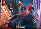 Lower angle shot of Peter Parker in Advanced Suit 2.0, flying through a city, shooting webs, and using them to soar through the air. (Prototype Shown) View 11