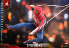 Left angle view of Peter Parker in Advanced Suit 2.0, flying through the city while holding his webs, left knee bent, and looking to his left. (Prototype Shown) View 14