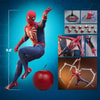 Full body shot of Peter Parker in Advanced Suit 2.0, compared to an apple to show scale, alongside the contents of the box. (Prototype Shown) View 2