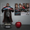 Full-body view of Anakin Skywalker™ (Artisan Edition) crossing lightsabers, to show scale compared to an apple, with smaller portraits of box contents. (Prototype Shown) View 2