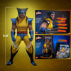 Full body shot of Wolverine (Unmasked) showing the scale of the figure, accompanied by smaller portraits showcasing the contents included in the box. (Prototype Shown) View 2