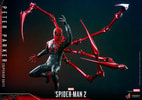 Action shot of Peter Parker (Superior Suit) mid-air with bent knees, left arm raised, and metallic red pincers lunging forward in attack mode. (Prototype Shown) View 14