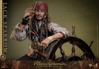 Half-body shot of Jack Sparrow (Deluxe Version) with his left arm resting on the ship's steering wheel, looking through a tube telescope with his right hand, wearing a red bandana and without a coat. (Prototype Shown) View 5
