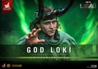 Close-up portrait of God Loki wearing his iconic horned helmet, holding out his hand with a commanding presence. (Prototype Shown) View 1