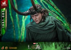 Left side view of God Loki, displaying his classic attire, detailed facial features, iconic horned helmet, and glowing timeline effects. (Prototype Shown) View 7