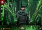 Showing God Loki at a lower angle, wearing classic attire and horned helmet, holding timeline effects in hand. (Prototype Shown) View 16