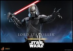 Half-body shot of Lord Starkiller™, holding a red lightsaber upright in his right hand while extending his left hand forward in a commanding gesture. Collector Edition (Prototype Shown) View 4