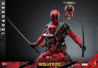 Half body shot of Deadpool Sixth Scale Action Figure by Hot Toys, slightly crouched with arms and legs widespread, holding swords, with Babypool and Headpool. Collector Edition (Prototype Shown) View 8