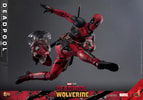 Air action shot of Deadpool Sixth Scale Action Figure by Hot Toys, kicking Headpool with legs in a split position and right arm extended. (Prototype Shown) View 9