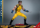 Wolverine Sixth Scale Action Figure by Hot Toys: knee-high shot in damaged suit, no mask, claws out, slightly crouched with arms and legs widespread. (Prototype Shown) View 3
