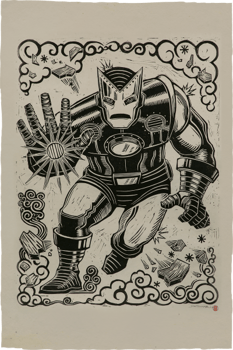 Iron Man Linocut on Lokta Paper