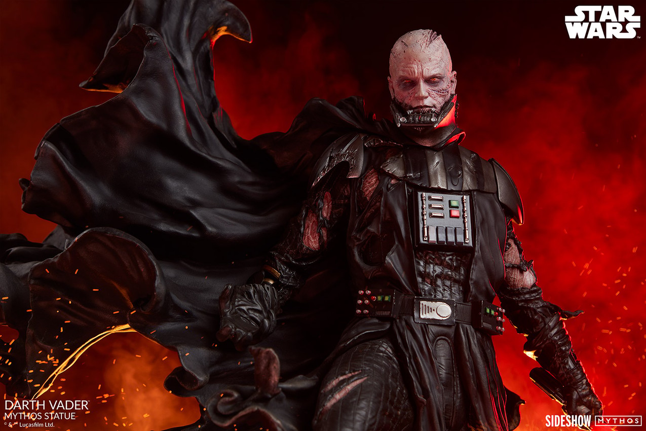 Half-body shot of Darth Vader™ with a sculpted cape flowing in the wind, showcasing the scarred visage head sculpt of Anakin Skywalker™. Collector Edition - Prototype Shown View 6