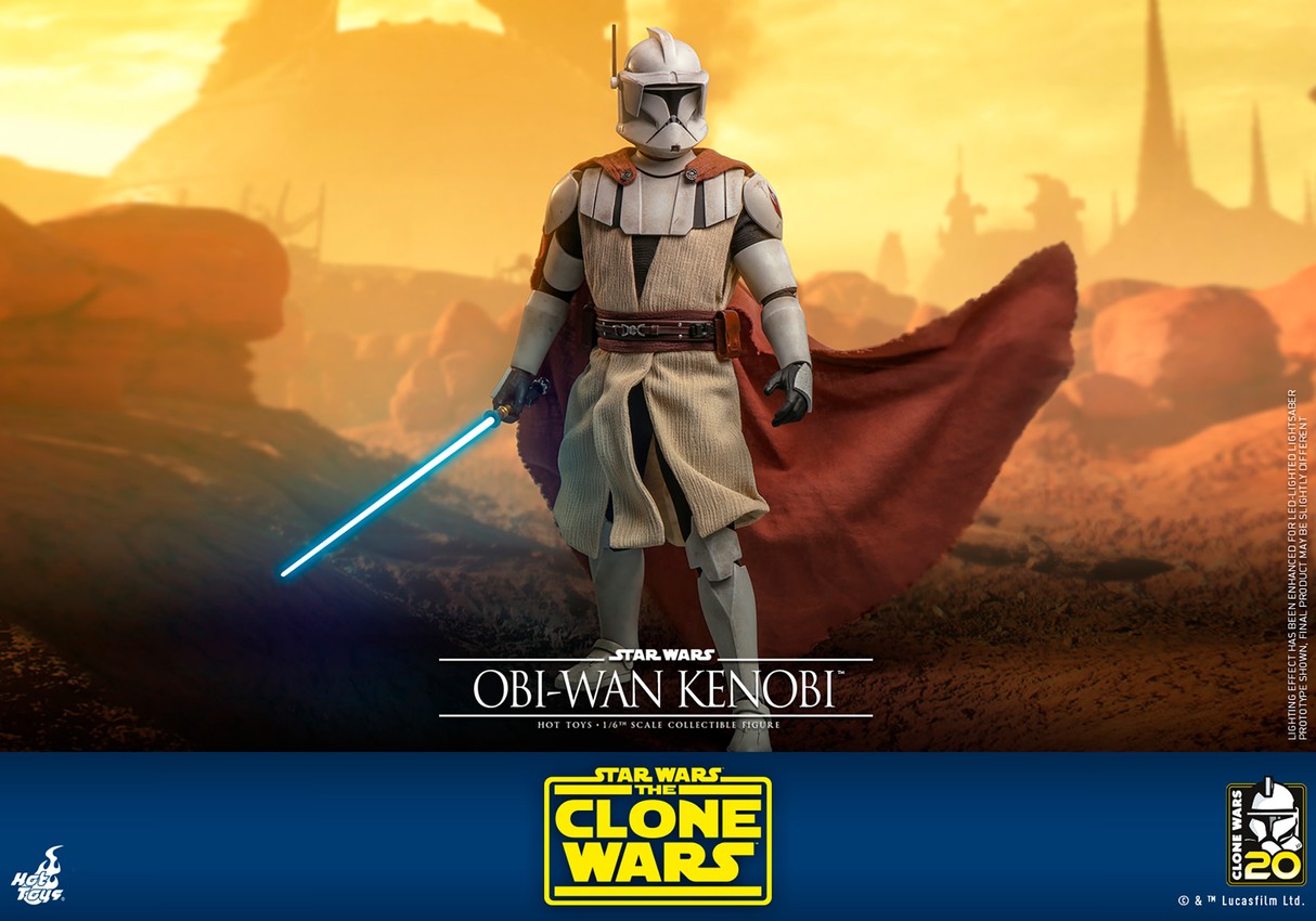 Full-body shot of Obi-Wan Kenobi in white armor, brown cape, and Clone Trooper helmet, holding his lightsaber in a desert galaxy setting.- Prototype Shown View 6