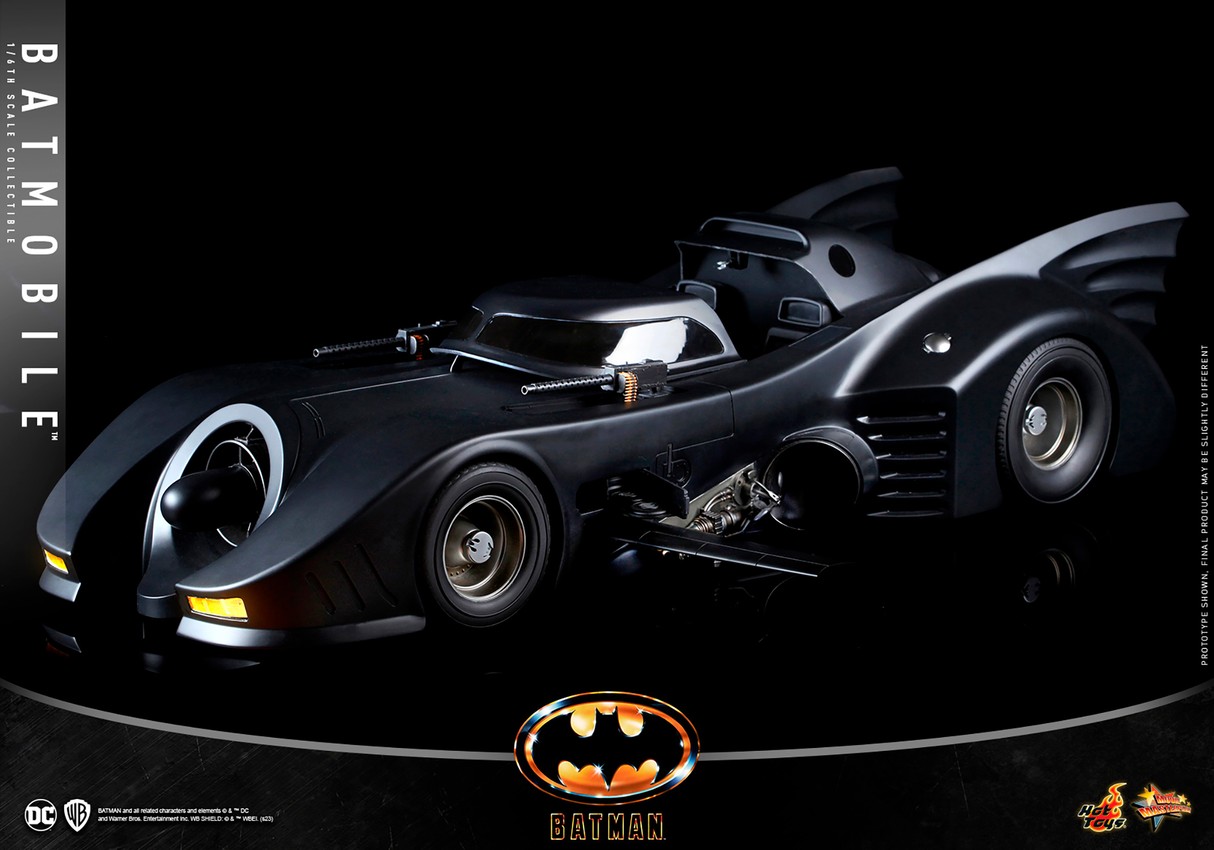 Left-angle view of the Batmobile highlighting the sliding canopy door function, capturing its sleek design and dynamic feature.- Prototype Shown View 6