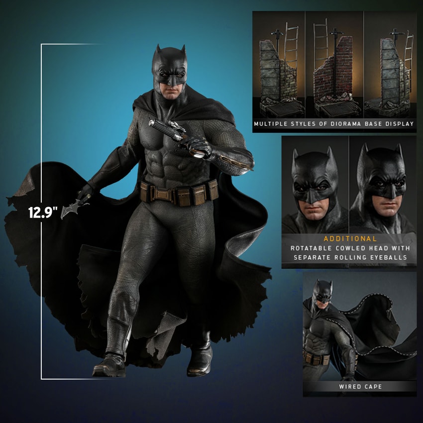 Full-body shot of Batman (2.0) to display the figure's scale, with smaller portraits highlighting features and accessories included in the box.- Prototype Shown View 2