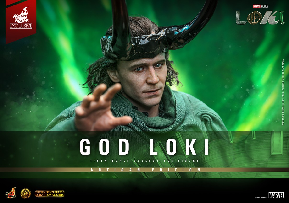 Close-up portrait of God Loki wearing his iconic horned helmet, holding out his hand with a commanding presence.- Prototype Shown View 1