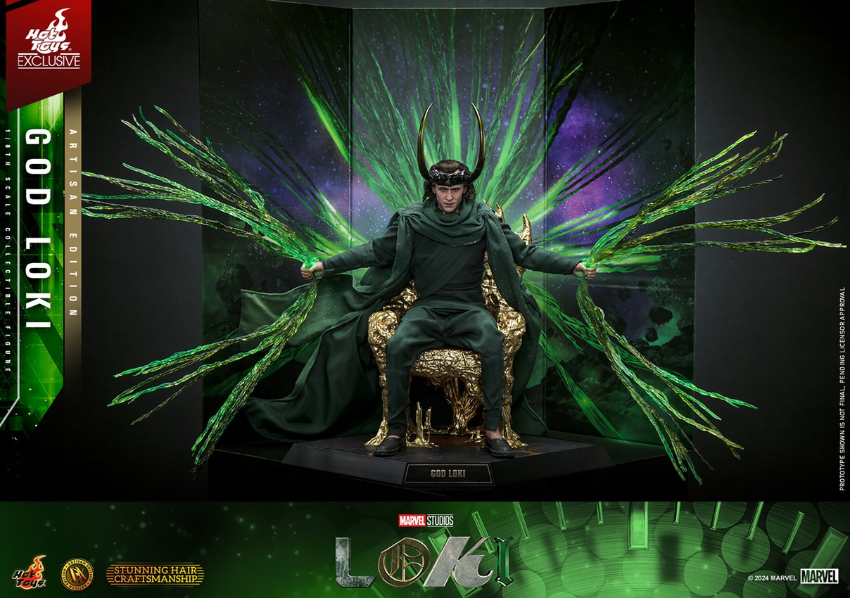 God Loki sitting on a gold throne in iconic horned helmet and attire, with translucent green accents and a menacing expression, set against a green and purple backdrop.- Prototype Shown View 6