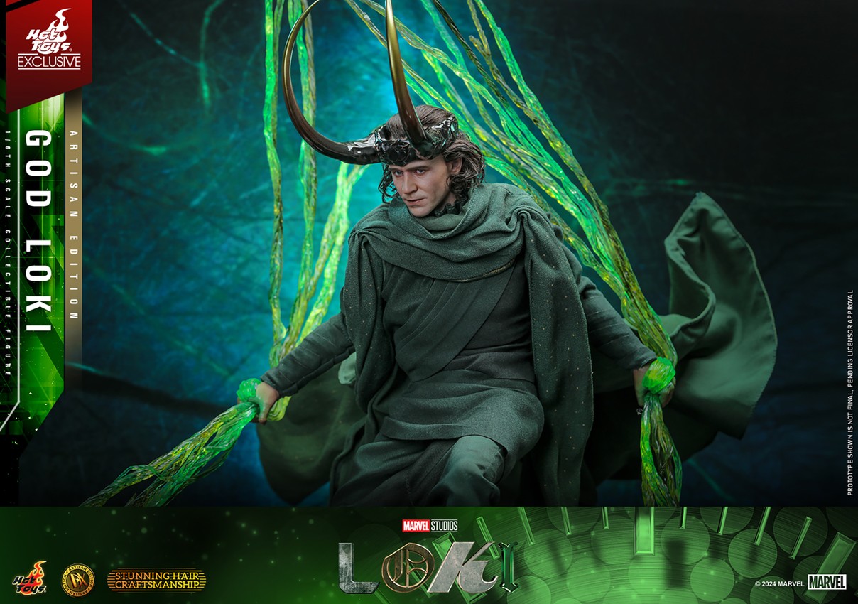Left-angle view of God Loki lunging forward in classic attire and horned helmet, gripping timeline effects.- Prototype Shown View 4