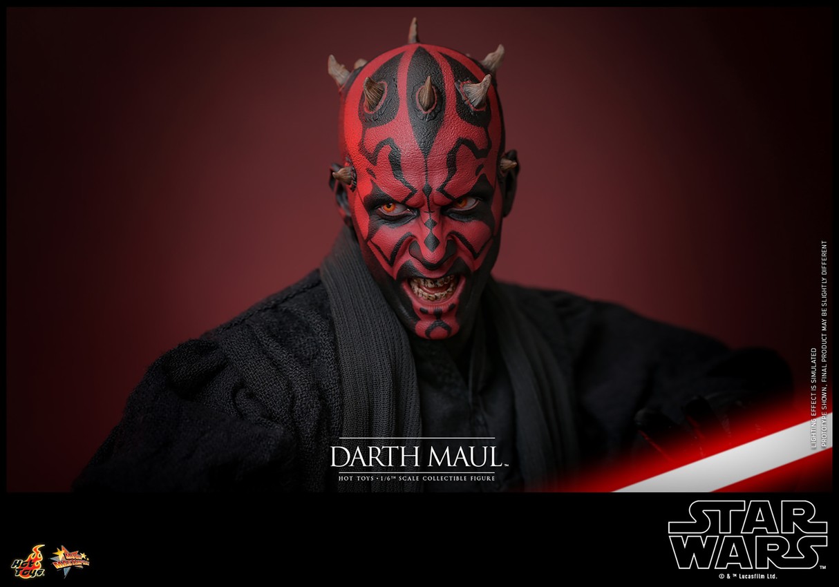 Close-up portrait of Darth Maul (Special Edition) showcasing his menacing face with red and black facial markings, yellow and black teeth, and deep red eye pupils.- Prototype Shown View 5