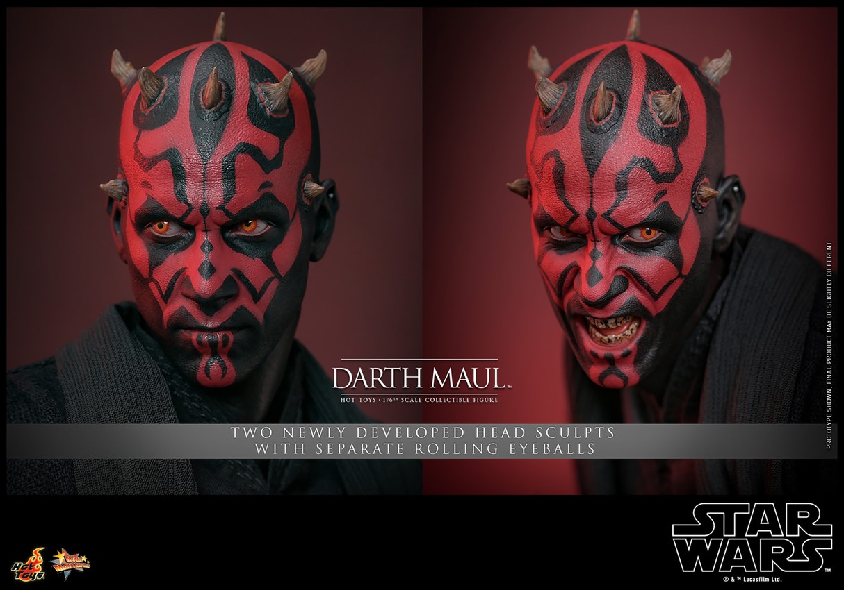 Two facial portraits of Darth Maul (Special Edition) showcasing a serious expression and a menacing face with red and black facial markings.- Prototype Shown View 6