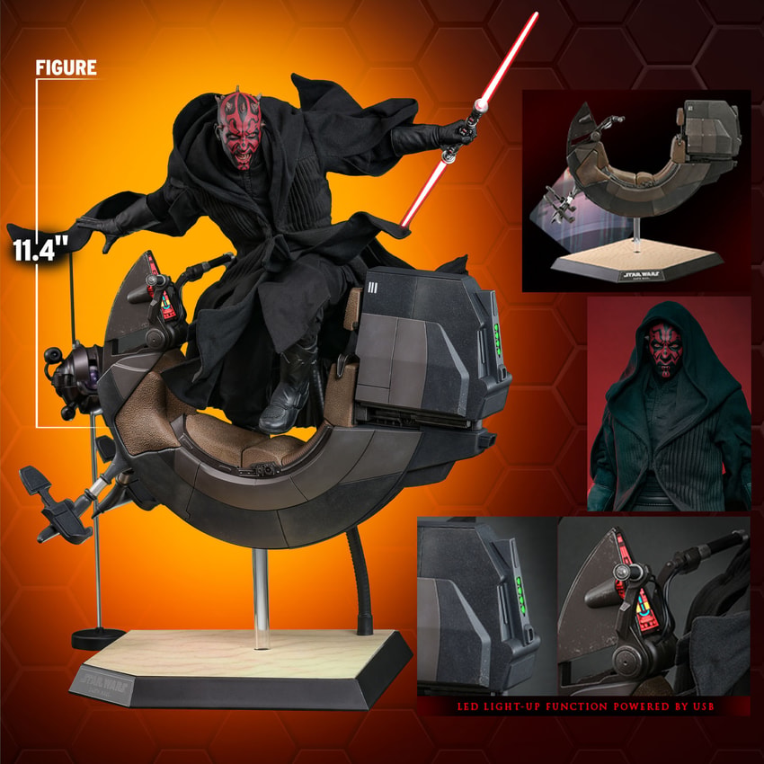 Full body shot of Darth Maul (Sith Speeder) highlighting the figure's scale, with additional portraits showcasing the box contents. Collector Edition - Prototype Shown View 2
