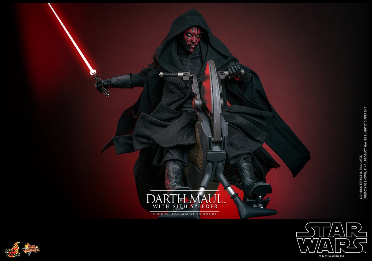 Full shot of Darth Maul (Sith Speeder) (Special Edition) on the Sith Speeder, holding a single-bladed lightsaber in his right hand, clutching the speeder's handle with his left hand, wearing a black hooded robe and a serious expression.- Prototype Shown View 1