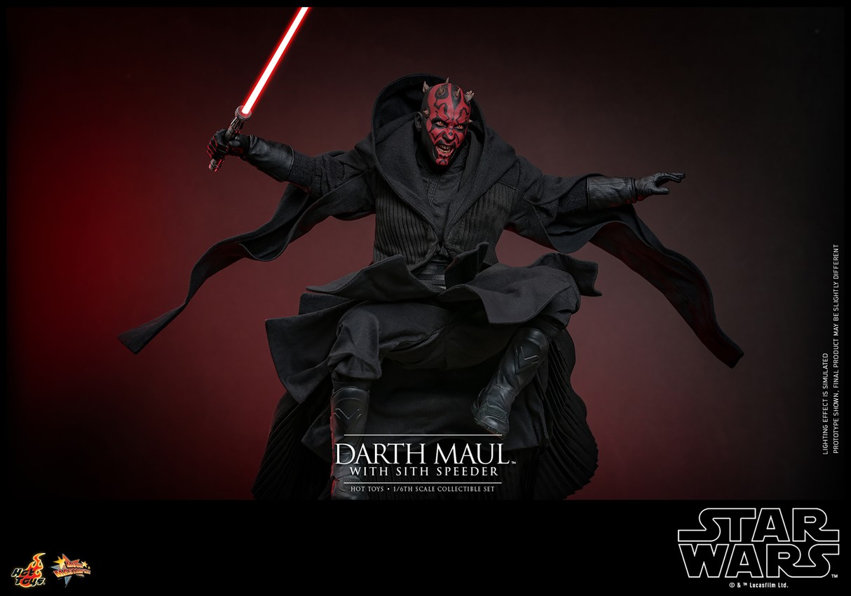 Action shot of Darth Maul (Sith Speeder) (Special Edition) in a crouched position in the air, wearing a black robe, with a menacing expression, holding a single-blade lightsaber in his right hand.- Prototype Shown View 5