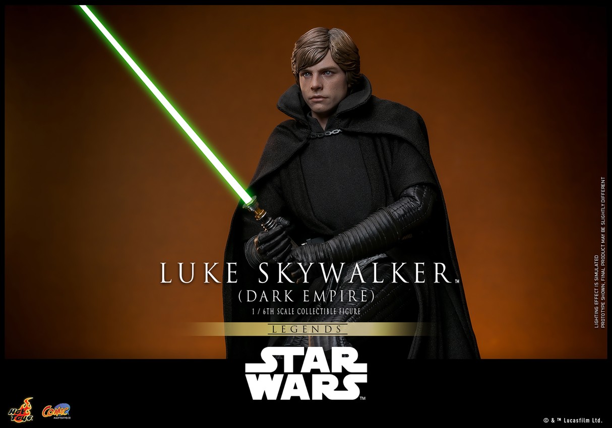 Left-angle view of Luke Skywalker™ (Dark Empire) holding a lightsaber with both hands in front of his body, wearing a serious facial expression.- Prototype Shown View 5