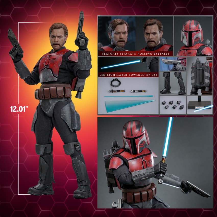 Full-body shot of Obi-Wan Kenobi™ displayed with smaller portraits highlighting detailed features and accessories included in the box.- Prototype Shown View 2