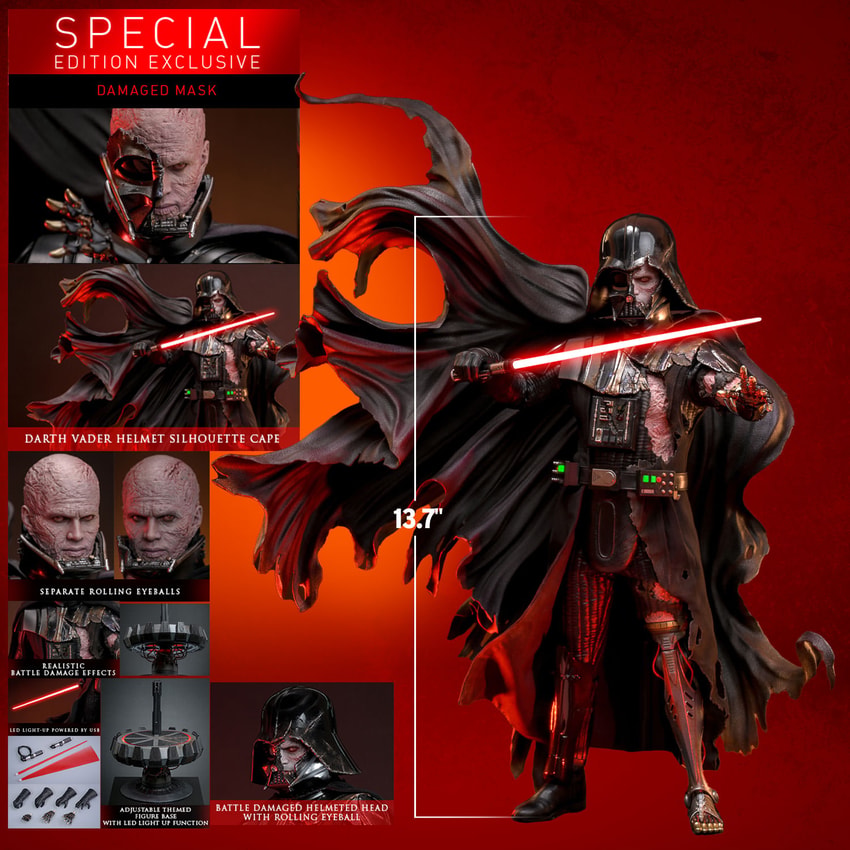 Full body shot of Darth Vader™ (Battle Damaged) to showcase his scale, accompanied by smaller portraits highlighting key features and box contents.- Prototype Shown View 2
