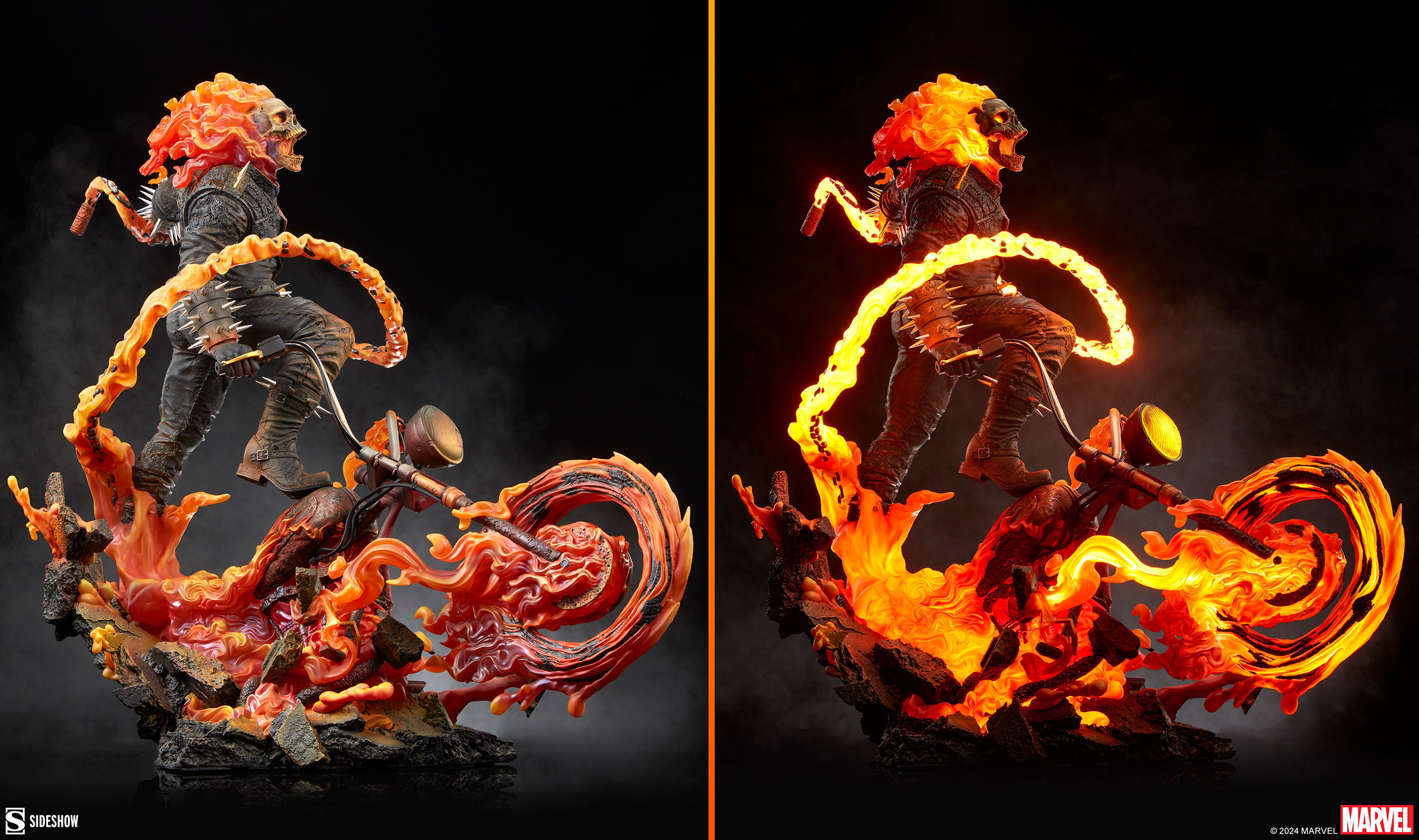Two portraits of the right side of the Ghost Rider Premium Format™ Figure, showcasing its light-up feature that illuminates the hellfire from his flaming skull to the base of his Hell Cycle. Collector Edition (Prototype Shown) View 12