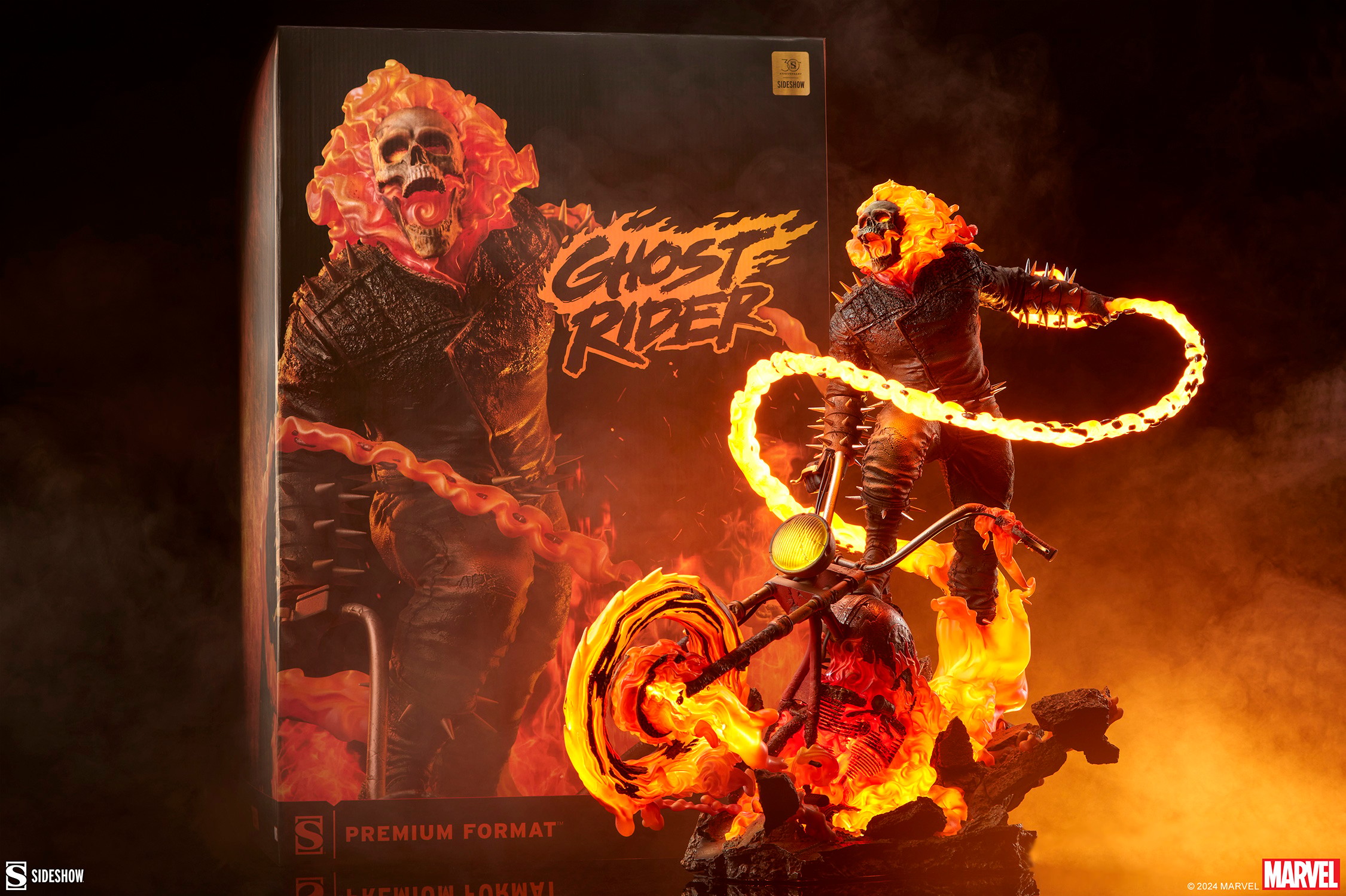 Featuring the fully illuminated Ghost Rider Premium Format™ Figure with its intricate details, displayed alongside the meticulously designed box against a fiery black background for a striking visual impact. Collector Edition (Prototype Shown) View 21