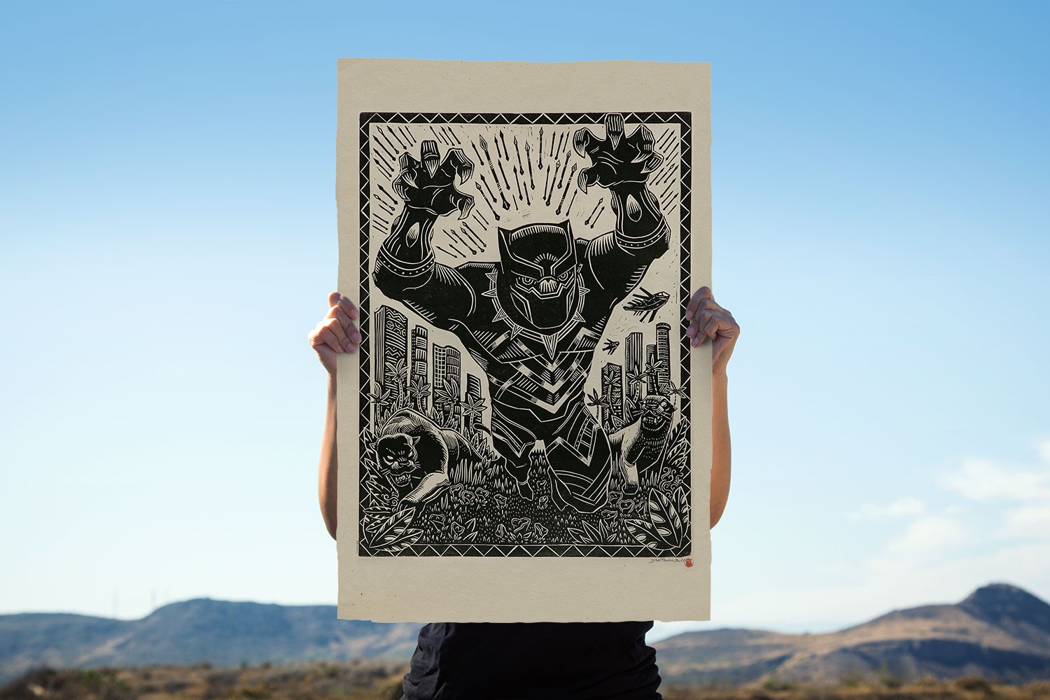 Black Panther Linocut on Lokta Paper Exclusive Edition View 1