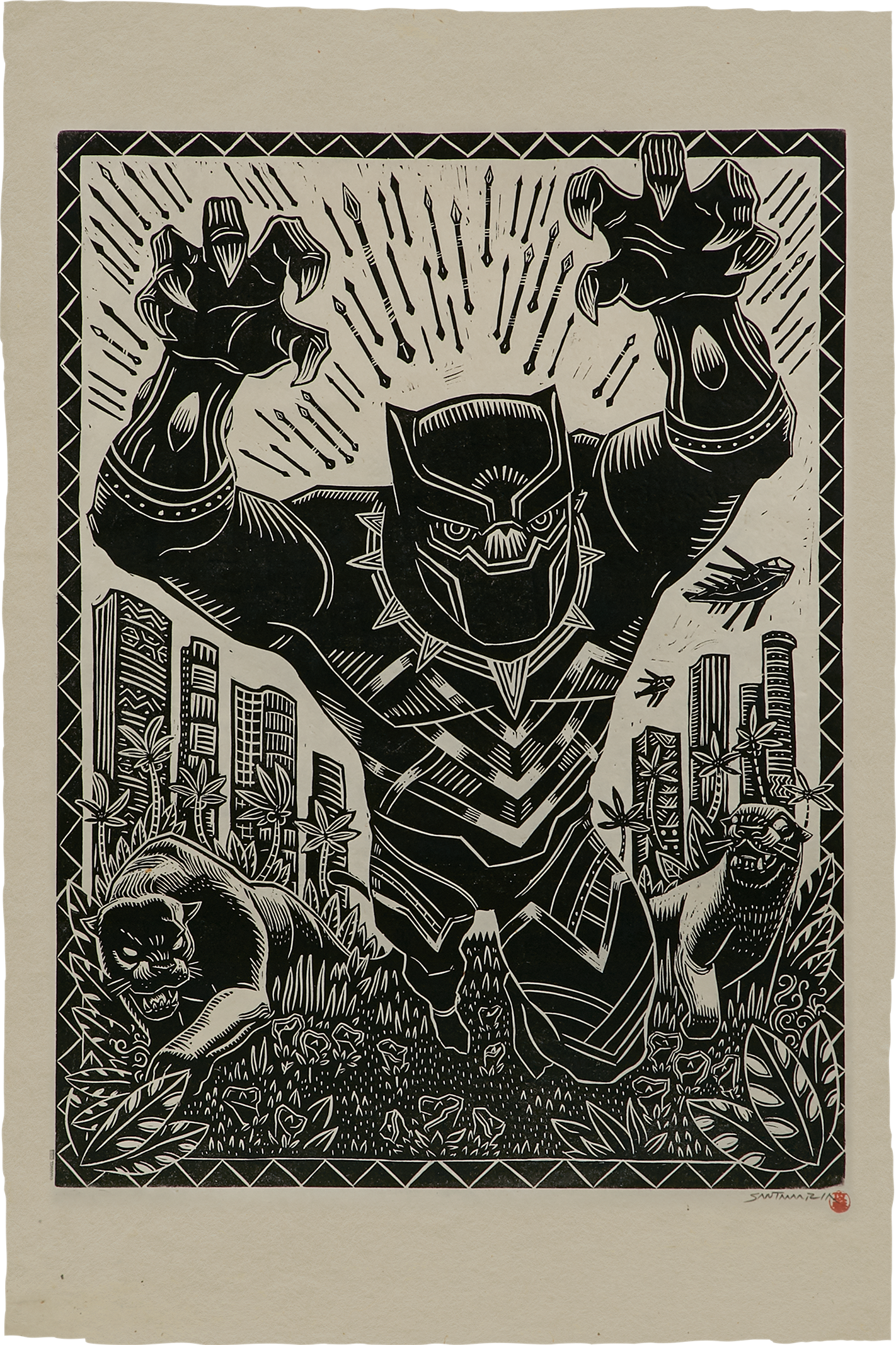 Black Panther Linocut on Lokta Paper Exclusive Edition View 3
