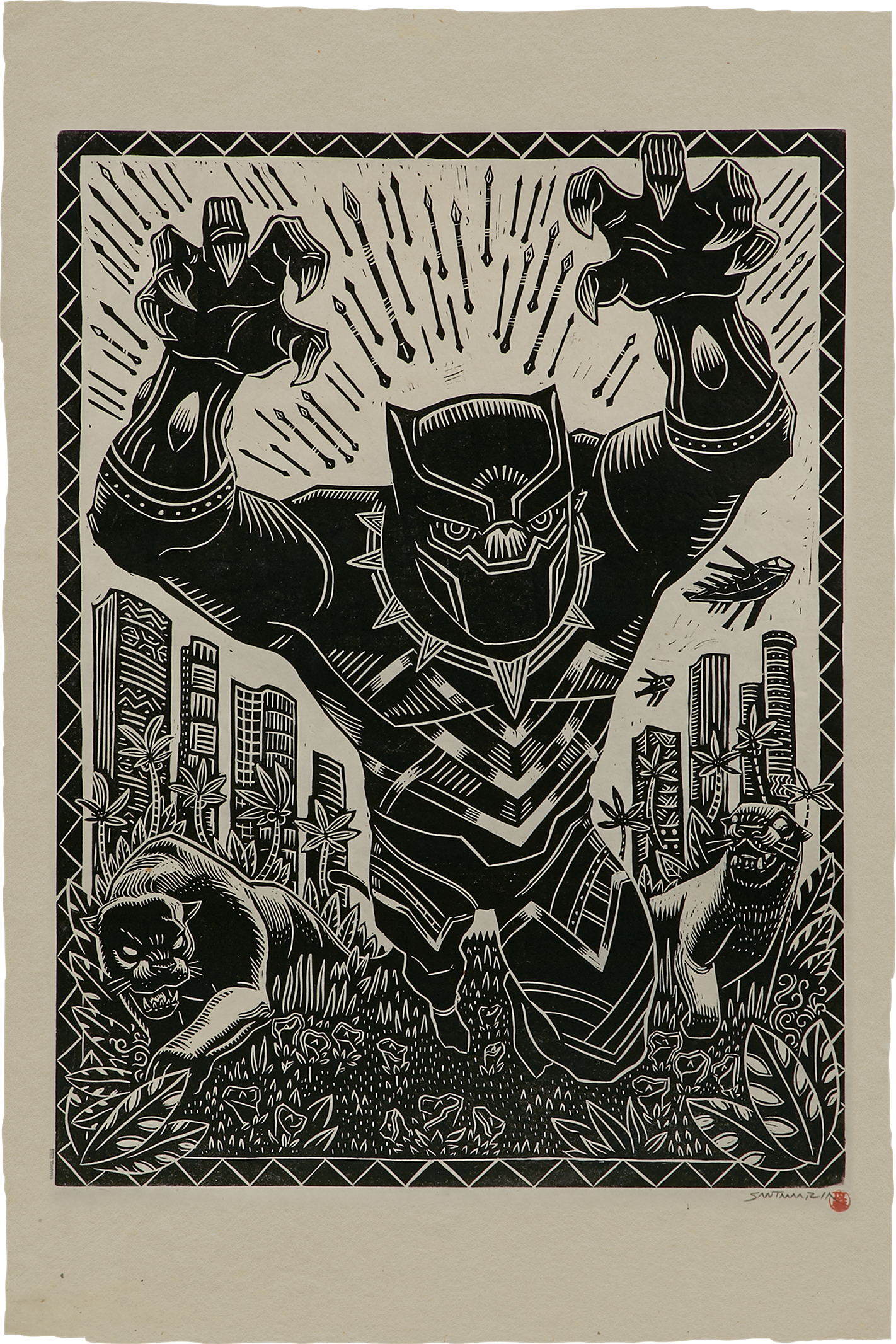 Black Panther Linocut on Lokta Paper Exclusive Edition View 3