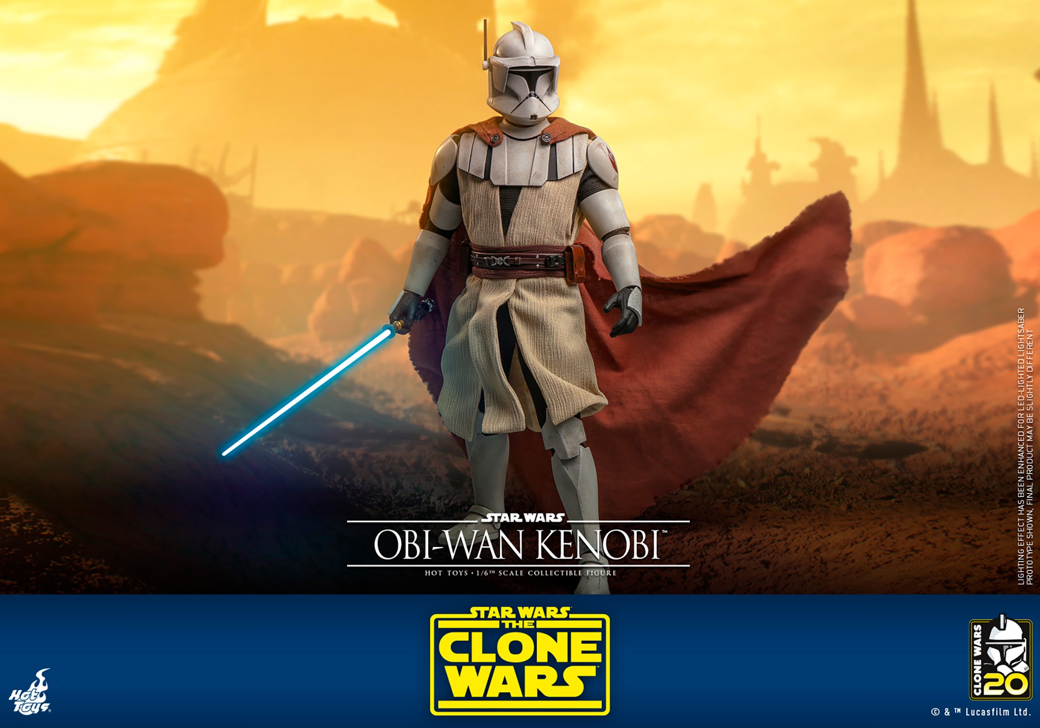 Full-body shot of Obi-Wan Kenobi in white armor, brown cape, and Clone Trooper helmet, holding his lightsaber in a desert galaxy setting. (Prototype Shown) View 6