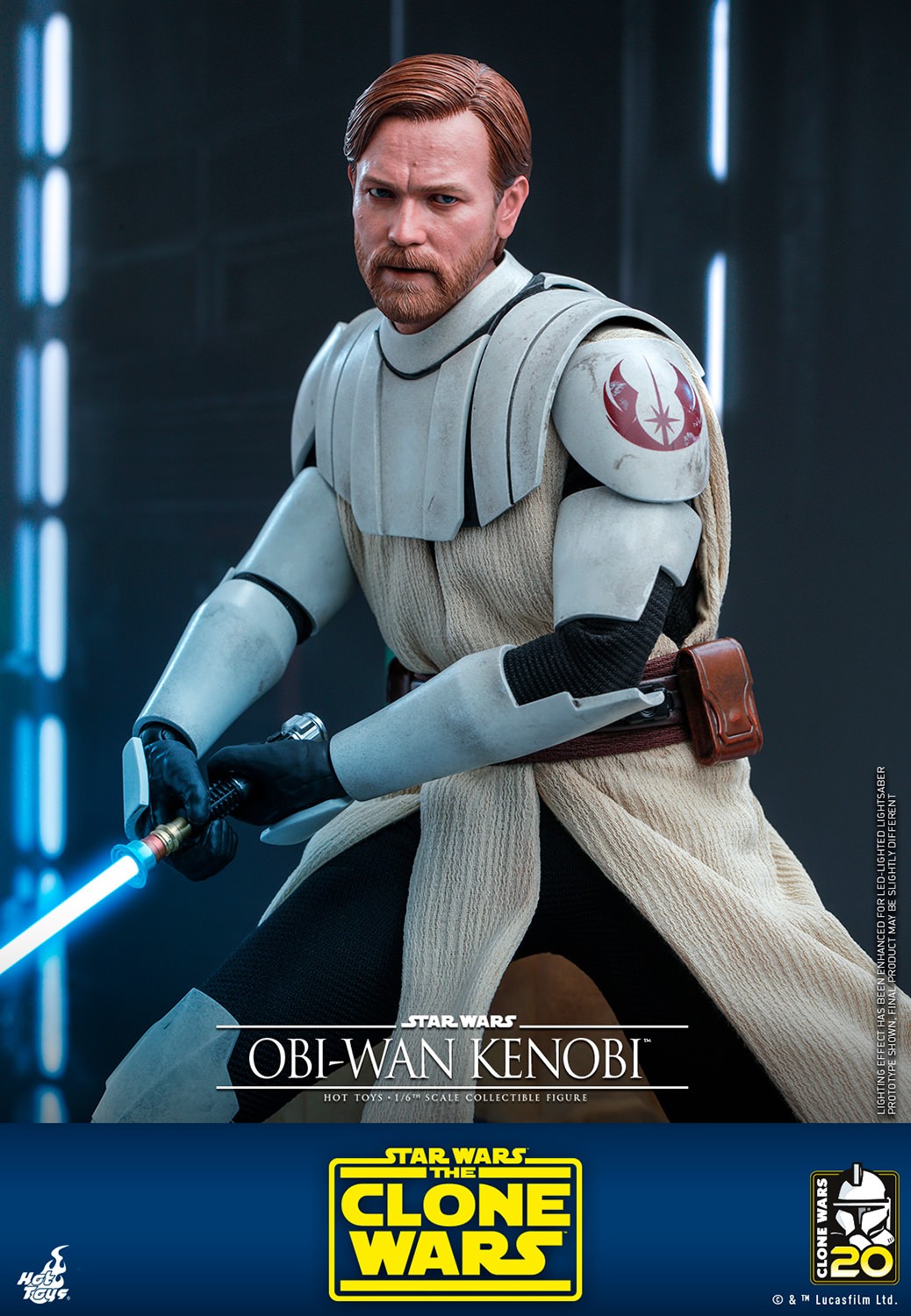 Close-up shot of Obi-Wan Kenobi in a deep squat, facing left, gripping a lightsaber with both hands in front of him, wearing white armor and a serious expression, without his cape. (Prototype Shown) View 11