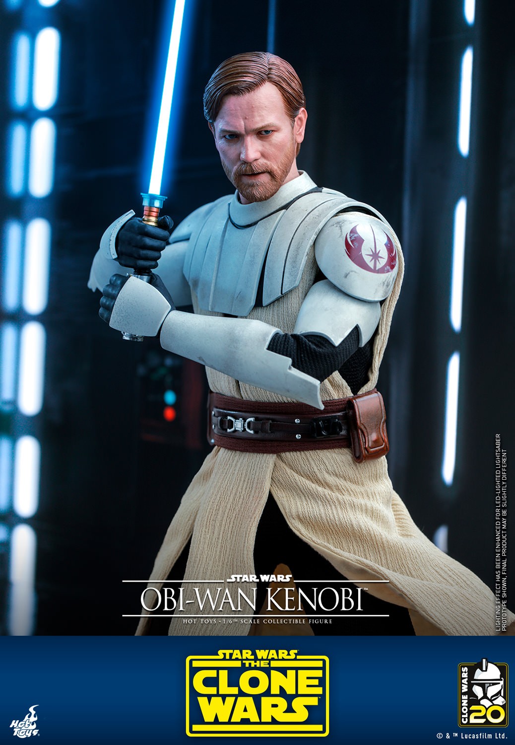 Close-up shot of Obi-Wan Kenobi in a deep squat, facing left, gripping a lightsaber with both hands in front of him, wearing white armor and a serious expression, without his cape. (Prototype Shown) View 12