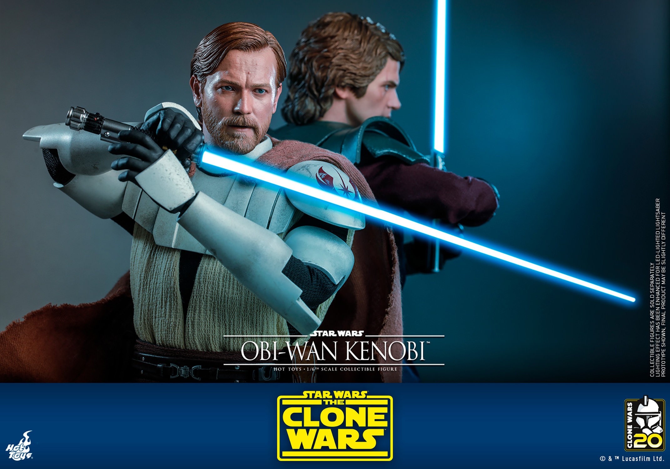Left-angle view of Obi-Wan Kenobi holding a lightsaber horizontally with both hands, standing back-to-back with Anakin Skywalker, who holds his lightsaber vertically. (Prototype Shown) View 15