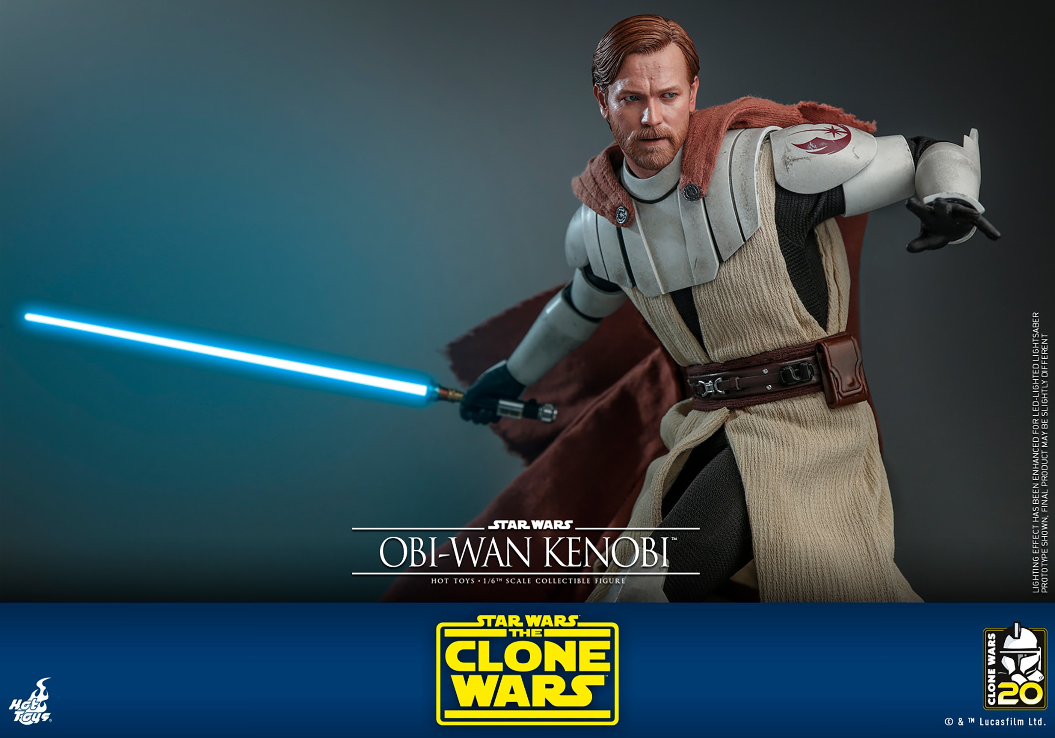 Right-angle view of Obi-Wan Kenobi crouching with his left arm raised and bent, holding a lightsaber in his right hand near his torso, wearing a serious expression. (Prototype Shown) View 16