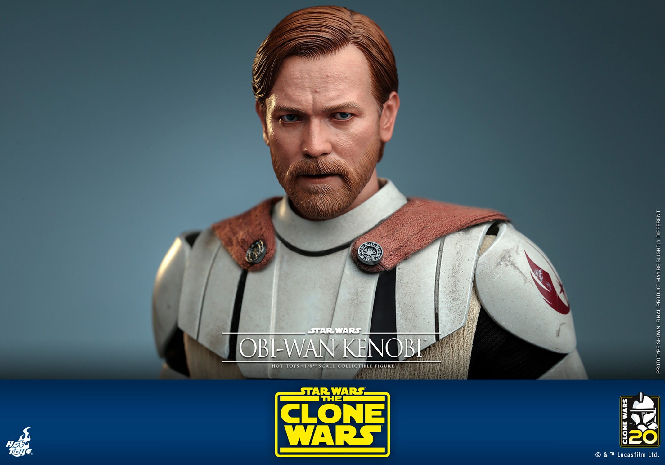 Upper-body shot of Obi-Wan Kenobi in white armor and a brown cape, highlighting his serious expression, detailed face sculpt, and intricate design. (Prototype Shown) View 19