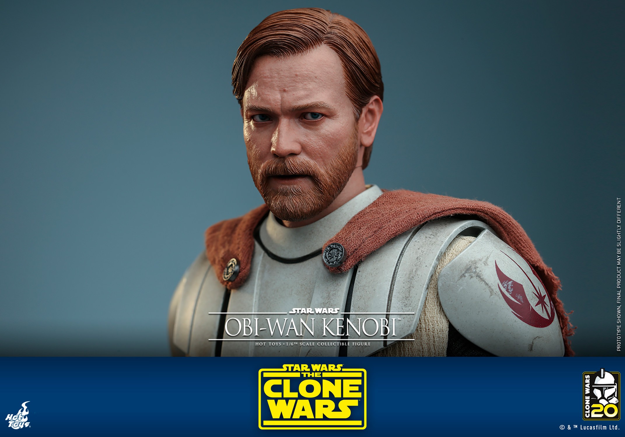Upper-body shot of Obi-Wan Kenobi in white armor and a brown cape, highlighting his serious expression, detailed face sculpt, and intricate design. (Prototype Shown) View 21